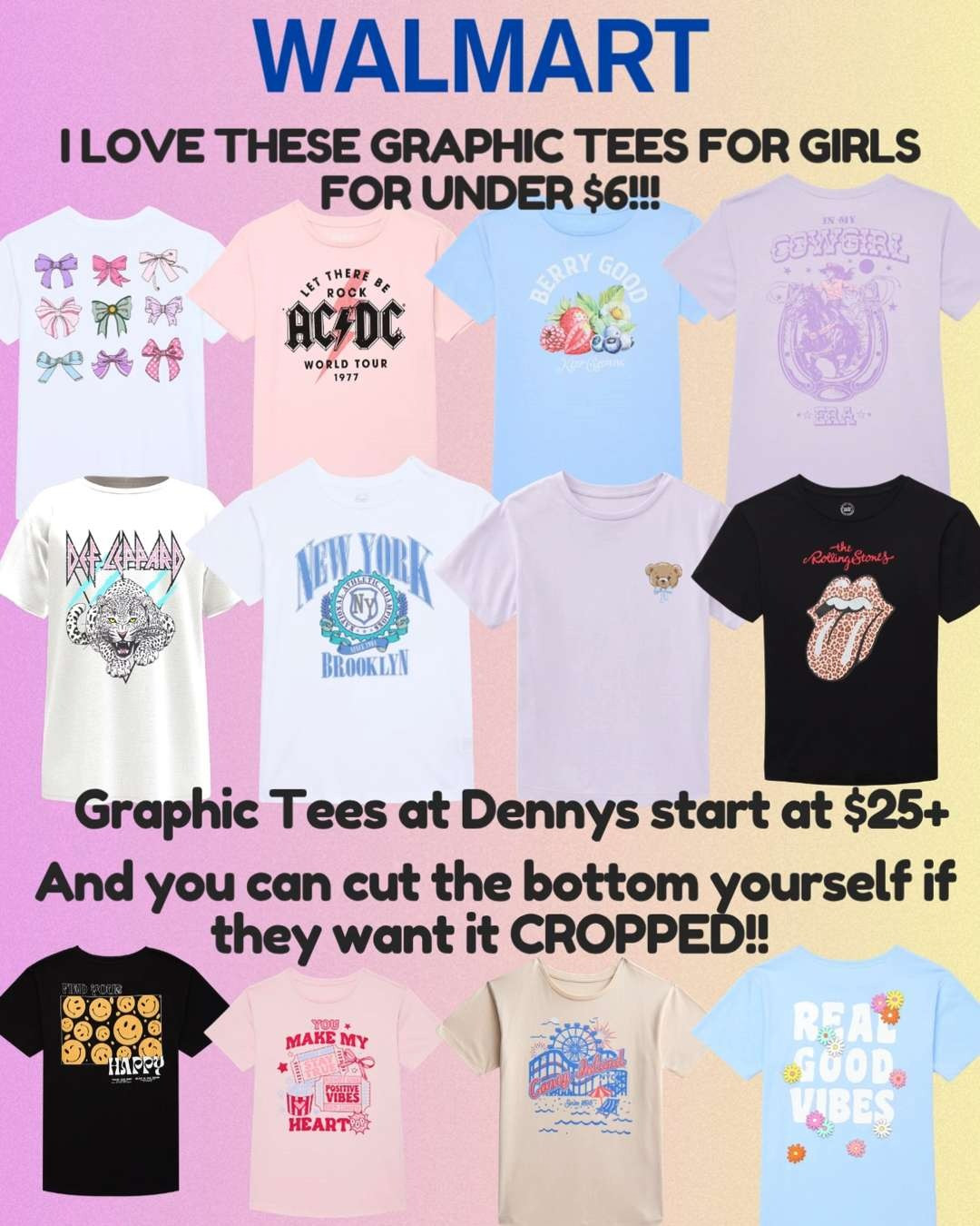 These girls graphic tees from WALMART are perfect for camp at under $6.  You can spend $25+ per t-shirt at Dennys.  And if they want it cropped - just cut the bottom yourself! The prints are so cute and they come sizes 4-18!  

 #LTKmomlife #LTKSaleAlert #LTKKids