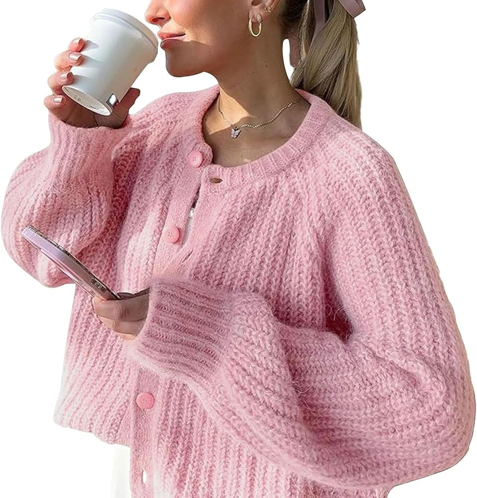 FindThy Women’s Chunky Knit Cardigan Long Sleeve Button Down Crewneck Fall Sweater Coat | Amazon (US)