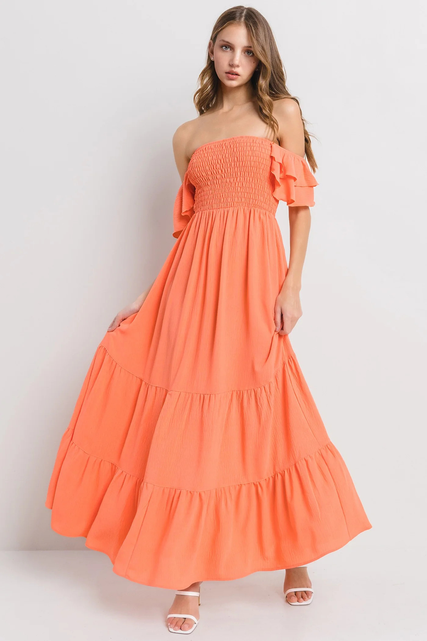 Orange Smocked Ruffle Off Shoulder Tiered Maxi Dress | PinkBlush Maternity
