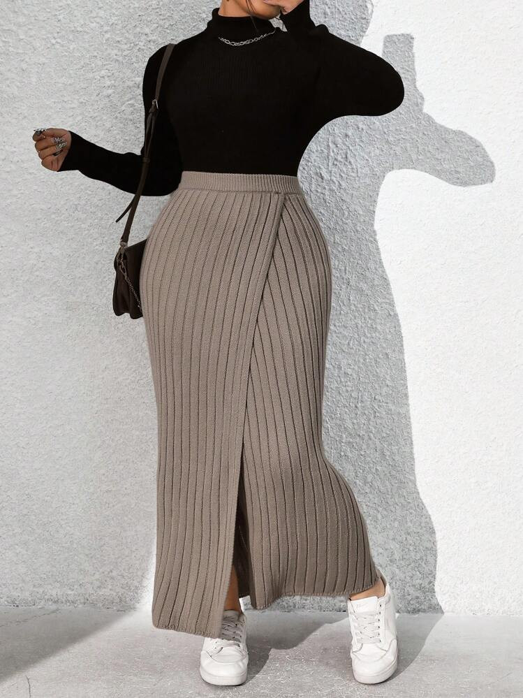 Plus Size Front Slit Solid Color Knit Skirt, Casual & Fashionable For Everyday Wear | SHEIN