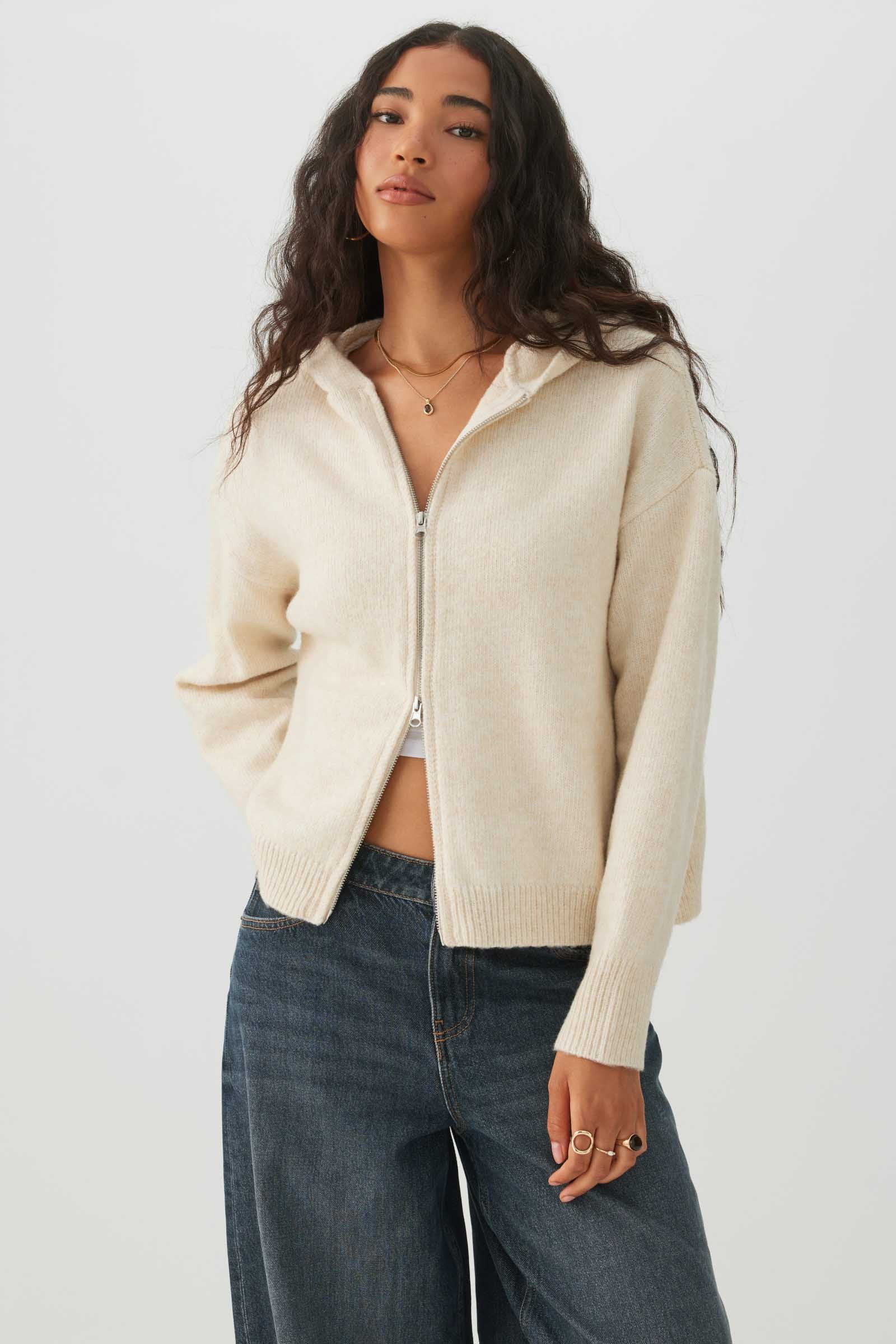 Oversized Zip-Up Hoodie Beige | Ardene Canada | Ardene US