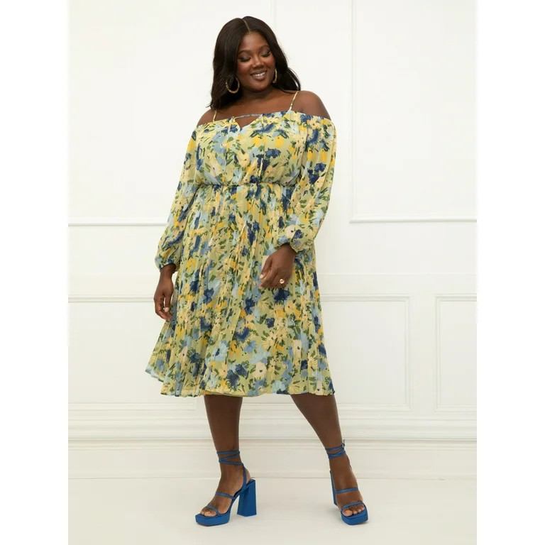 ELOQUII Elements Women's Plus Size Pleated Off the Shoulder Dress | Walmart (US)