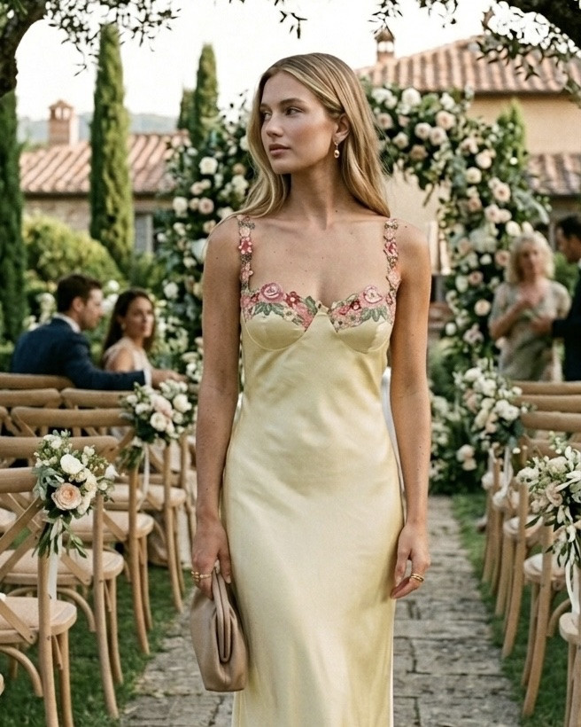 Oh, wear this for a countryside wedding guest look. This buttery yellow silk slip dress perfectly balances a minimalist silhouette with romantic, intricately embroidered floral bustier details. Keep the styling effortlessly quiet-luxury with a neutral leather pouch clutch, simple strappy sandals, and delicate drop earrings. Link in bio to shop the look!
#ohwearthis #weddingguestdress #countrysidewedding #luxurystyleblog #slipdress

#LTKgrwm #LTKootd #LTKWedding