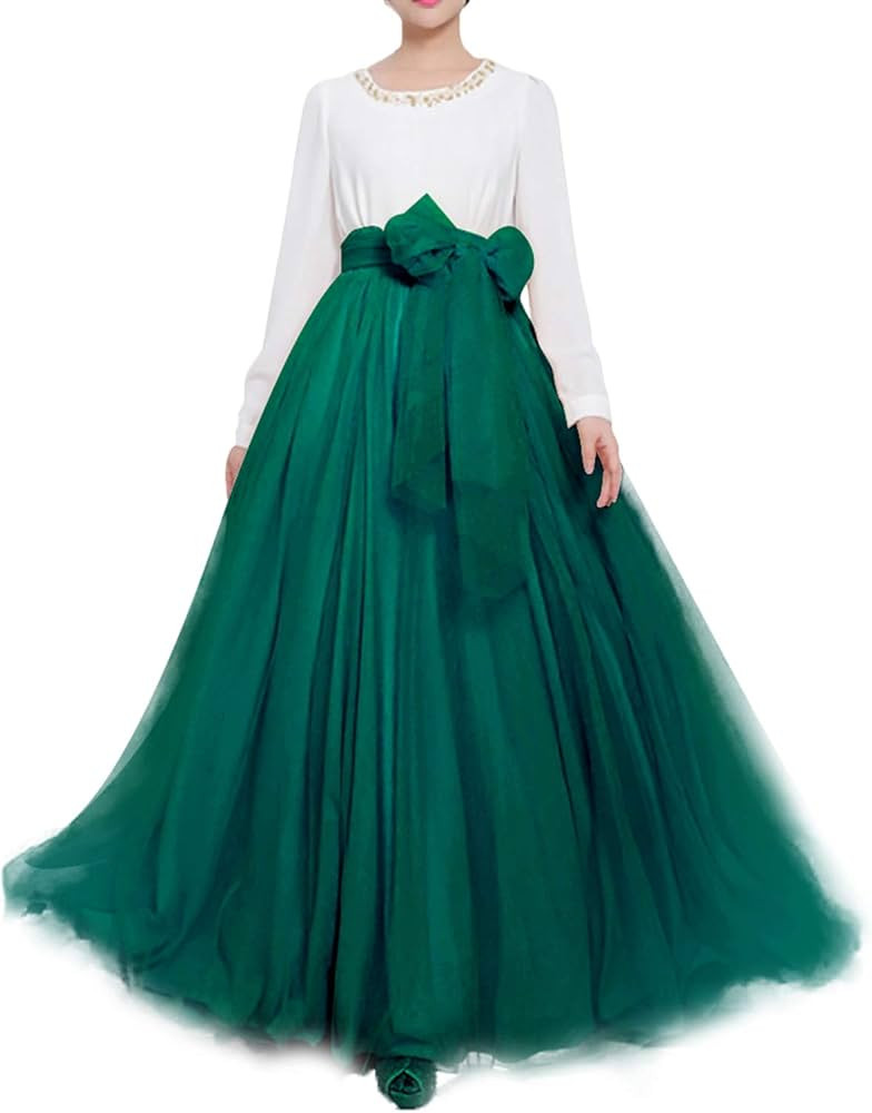 Women Wedding Long Maxi Puffy Tulle Skirt Floor Length A Line with Bowknot Belt High Waisted for ... | Amazon (US)