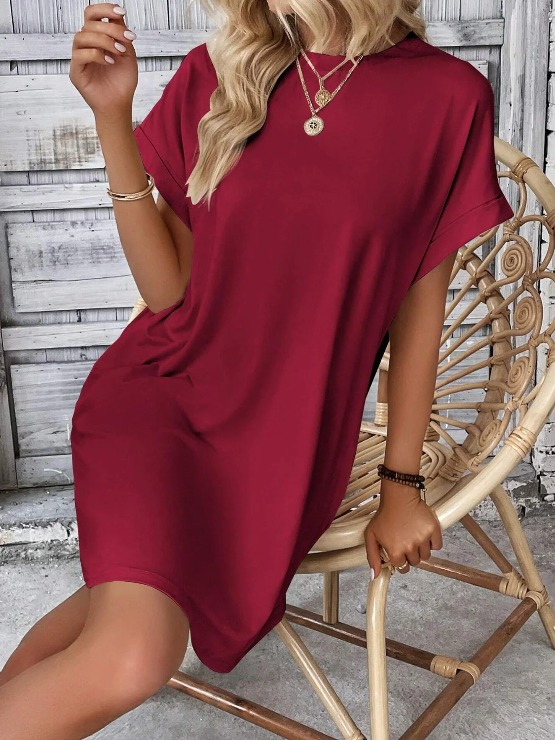 Round Neck Short Sleeve Mini Dress Burgundy / 2XL | Casual Chic Boutique