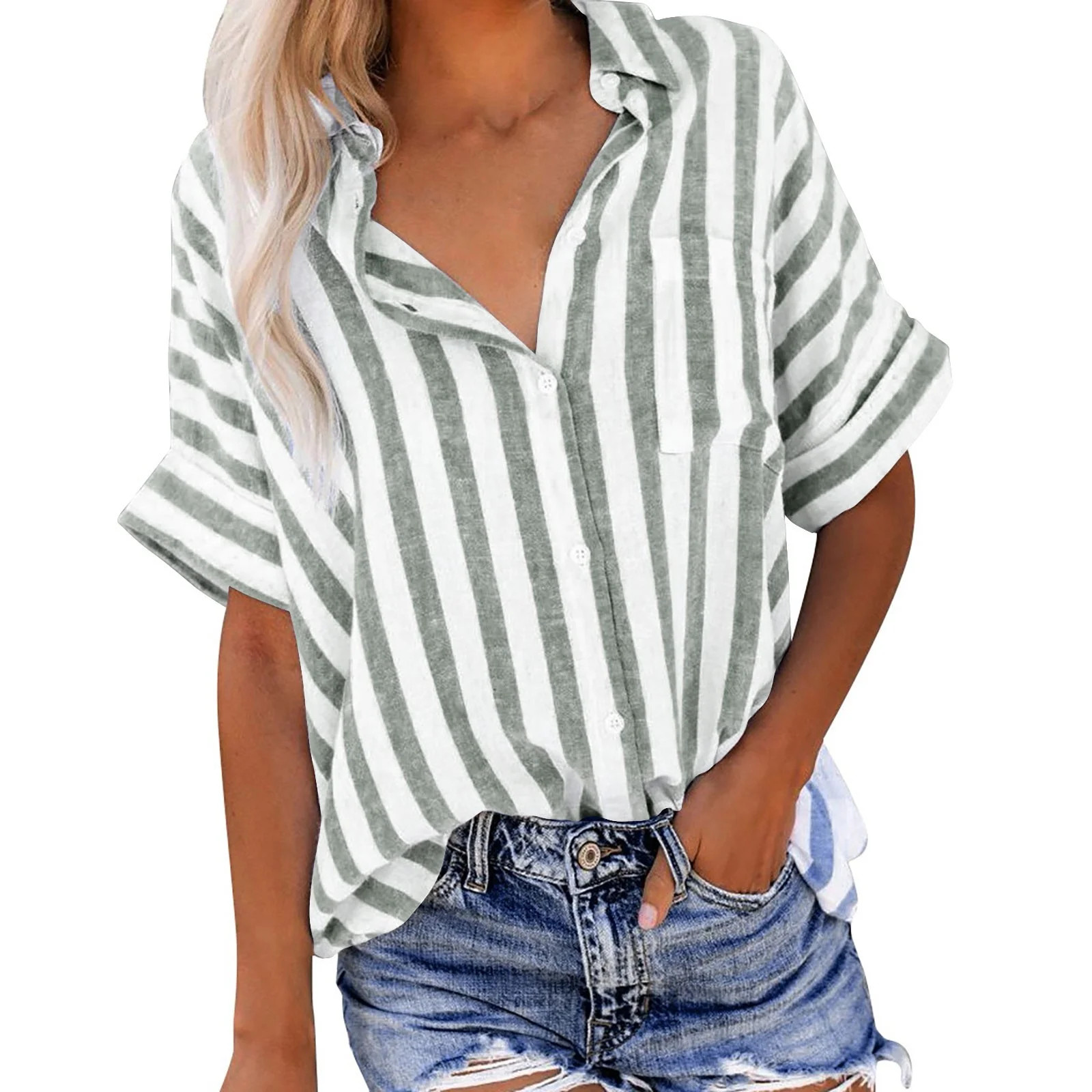 Womens T Shirts Casual Summer Trendy Stripe Tees Collared Button Down Short Sleeve Beach Vocation... | Walmart (US)