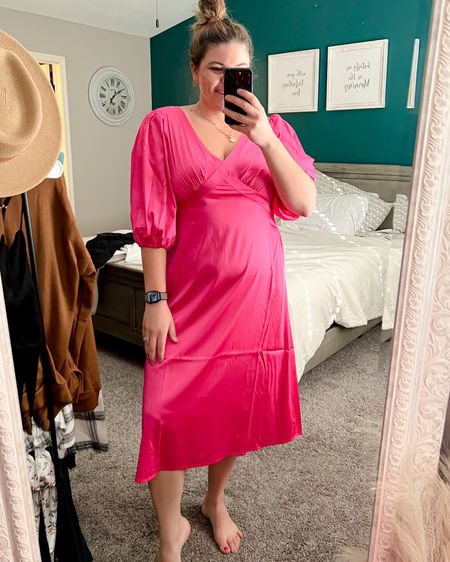 V-neck Silky Midi Dress, Hot Pink, Large, size 12, amazon dress ,pink dress, retro dress #LTKCURVES #LTKunder50 #LTKseasonal
