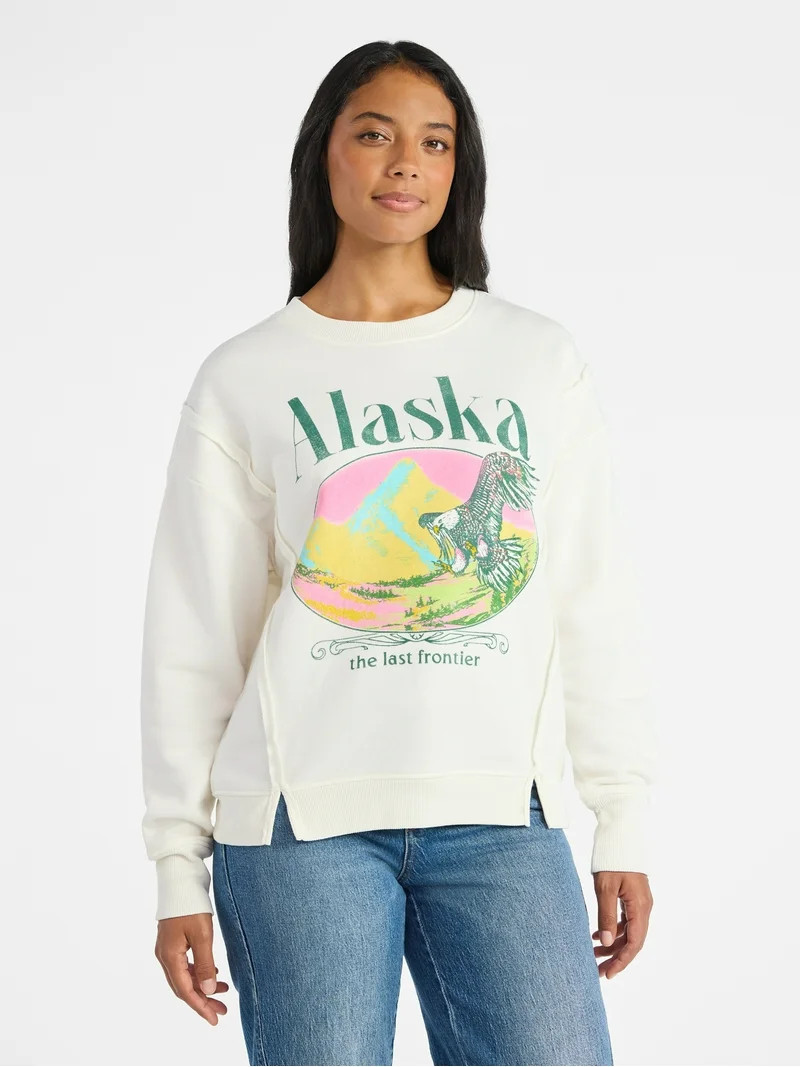 Time and Tru Women's Alaska Eagle Graphic Sweatshirt with Long Sleeves, Sizes XS-XXXL | Walmart (US)