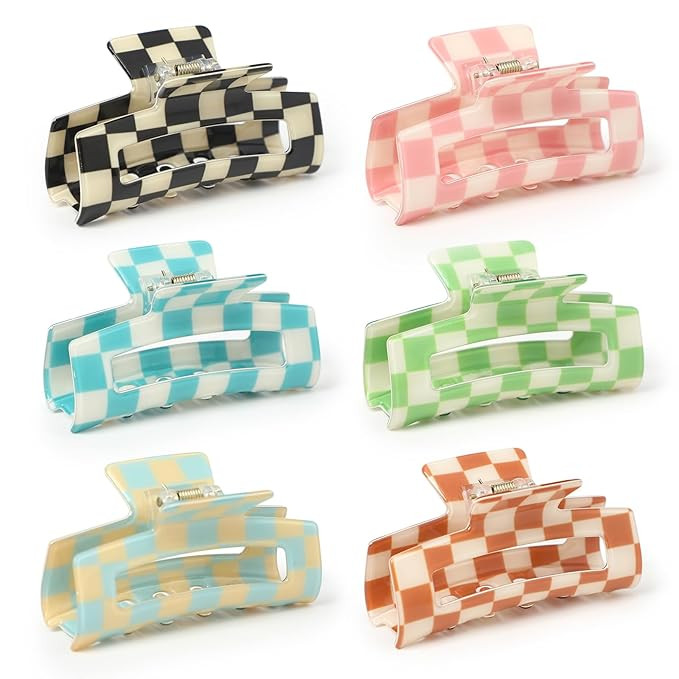 Checkered Multicolored Rectangle Y2K Hair Barrettes and Claw Clips - 6 Pcs Strong Hold Hair Acces... | Amazon (US)