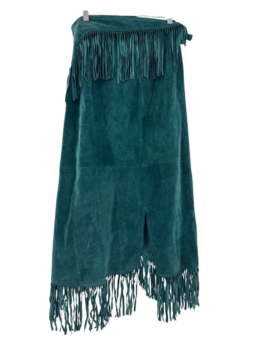 Springwest Suede Fringe Wrap Skirt Small Genuine Leather Teal | eBay US