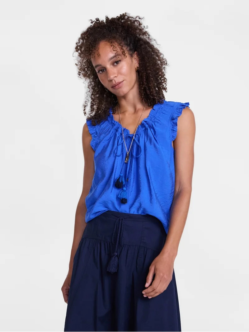 Scenario Women's and Women's Plus Ruffle Neck Tank Top with Tie Front, Sizes XS-4X | Walmart (US)