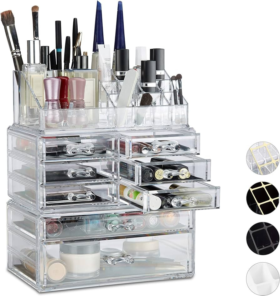 Relaxdays Make-Up Organiser with Drawers, Stackable Makeup and Jewellery Boxes, Acrylic Make-Up K... | Amazon (DE)