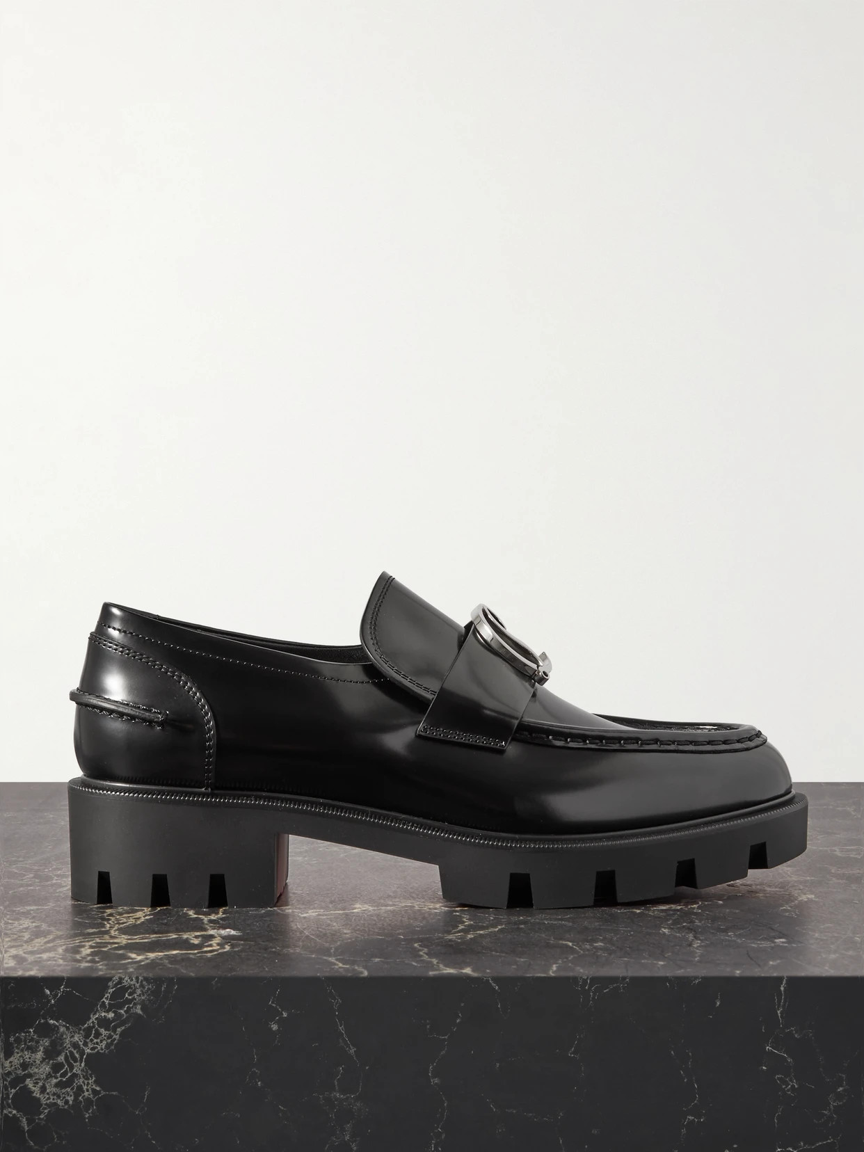 Christian Louboutin - Cl Moc Lug Embellished Glossed-leather Loafers - Black | NET-A-PORTER (US)