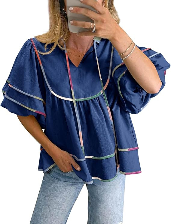 Cicy Bell Womens Summer Babydoll Tops V Neck Short Lantern Sleeve Shirts Cute Loose Fit Peplum Fl... | Amazon (US)