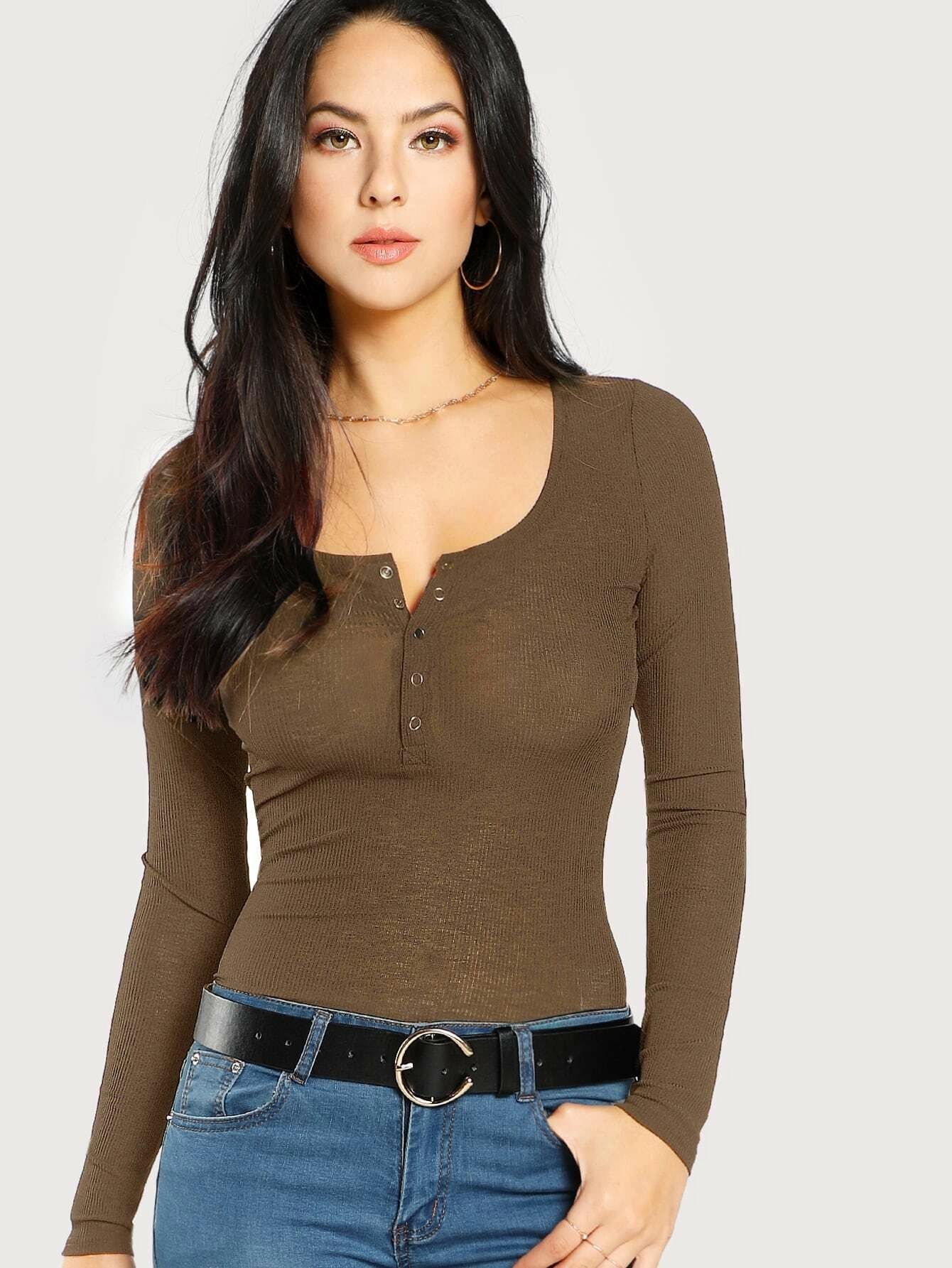 SHEIN Scoop Neck Ribbed Henley Tee | SHEIN