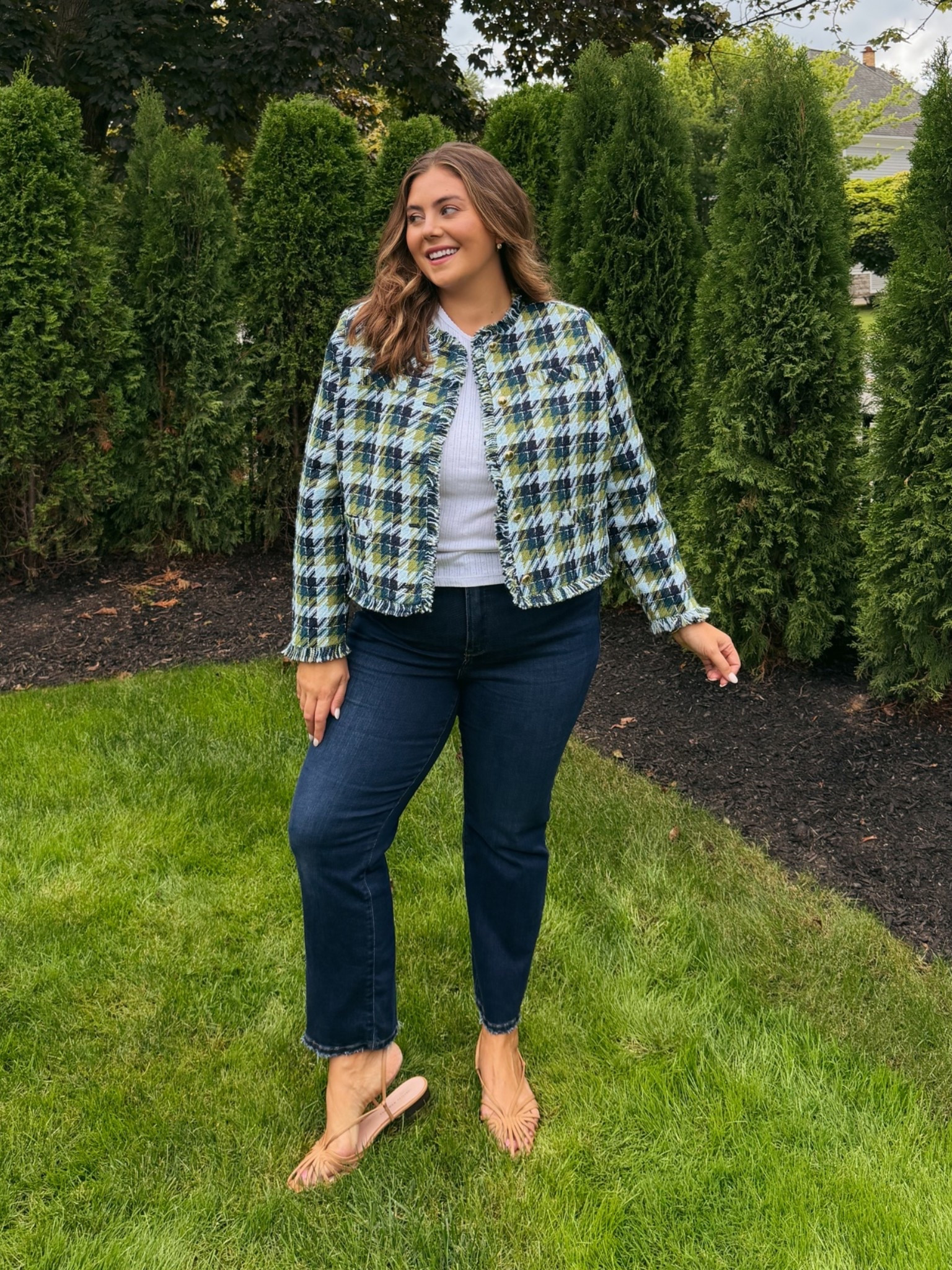 Fall outfit, fall jacket, tweed jacket, cropped fall jacket - wearing size XXL in jacket, 16Plus in jeans, XXL Tall in t-shirt, use CARALYN15 at Good American // use CARALYN15 on your first order at Spanx.

#LTKootd #LTKSeasonal #LTKPlusSize