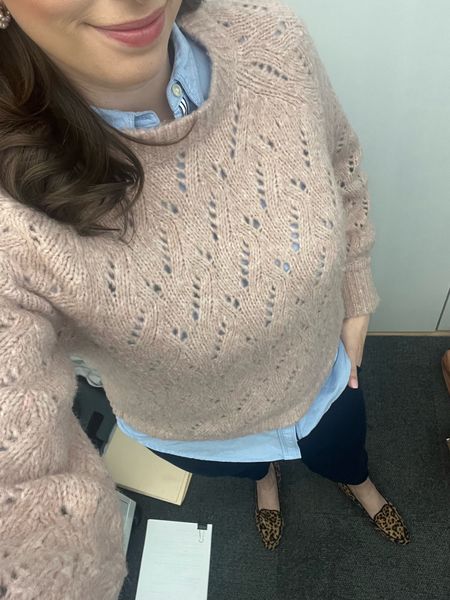 Workwear, spring workwear, office style, spring office outfit, business casual, law school, lawyer, attorney, spring outfit, pink sweater, blue button down, comfortable work pants, leopard loafers, cheetah loafers

#LTKworkwear #LTKSeasonal #LTKstyletip