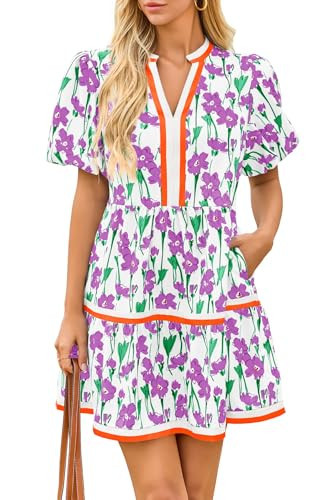 Cicy Bell Womens V Neck Floral Mini Dress Short Puff Sleeve Patchwork Summer Casual Boho Dresses Purple | Amazon (US)