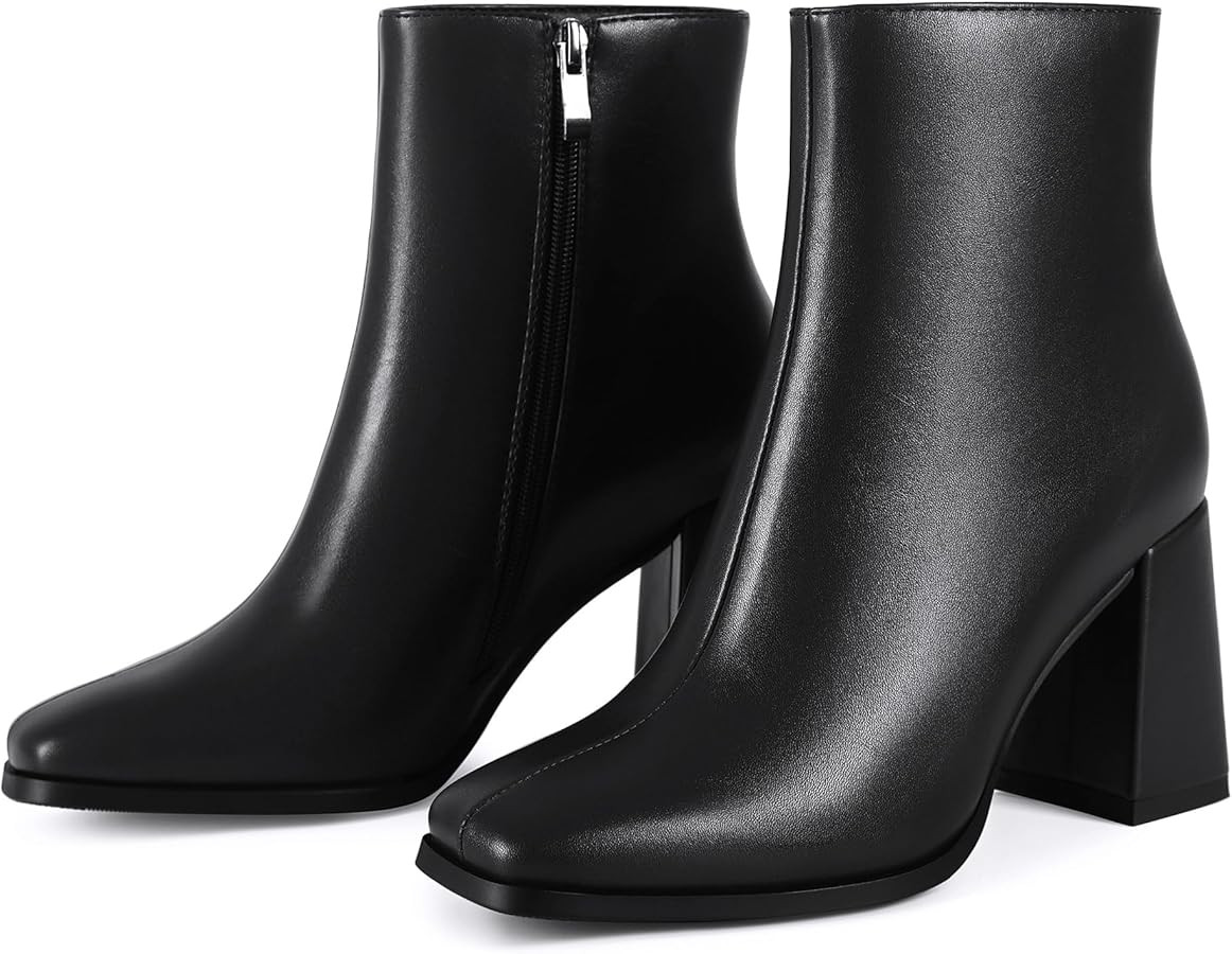 Womens Square Toe Ankle Boots Chunky Block Heel Short Boots for Women Mid Heel Dressy Booties Off... | Amazon (US)