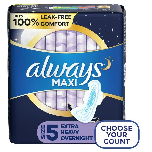 Always Maxi Overnight Pads with Wings, Size 5, Extra Heavy Overnight, 36 Ct | Walmart (US)