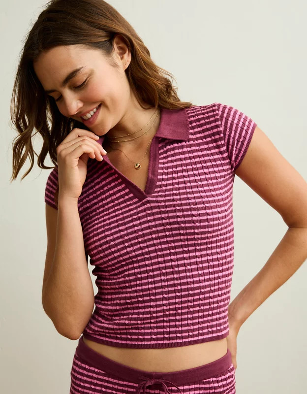 AE V-Neck Cable Knit Sweater Polo | American Eagle Outfitters (US & CA)