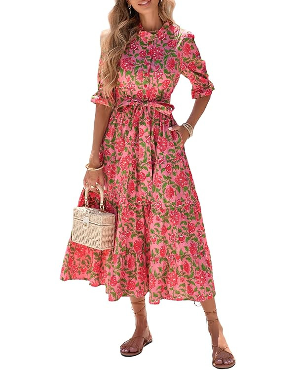 Women's Boho Floral Printed Stand Ruffle Collar Midi Dress Half Sleeve Button Down Flowy Belted B... | Amazon (US)