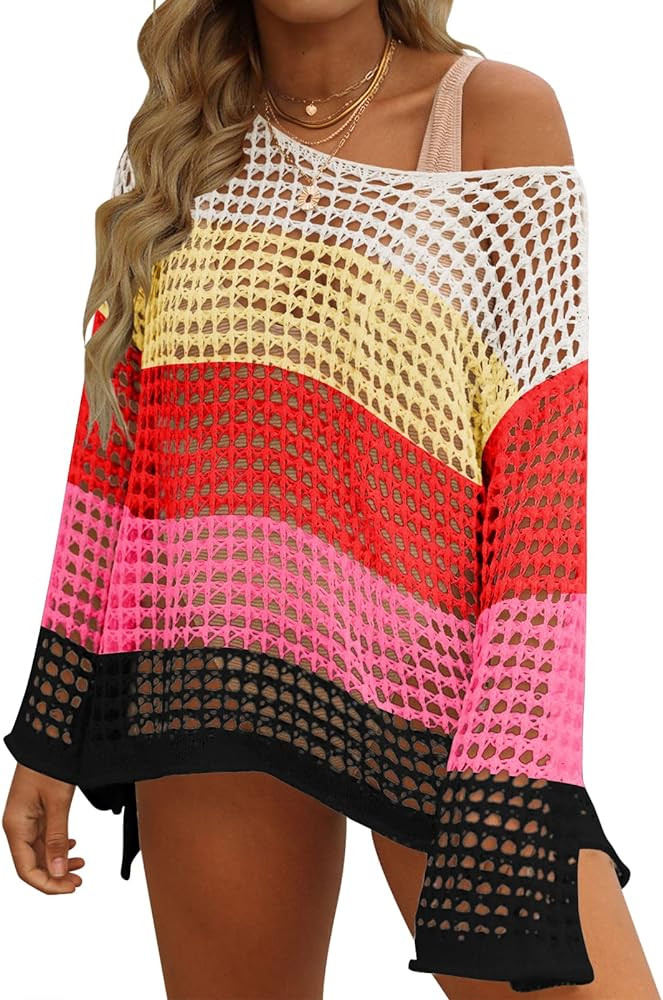 ZESICA Women's 2025 Summer Crochet Hollow Out Long Sleeve Beach Bikini Swimsuit Mesh Cover Up Tun... | Amazon (US)