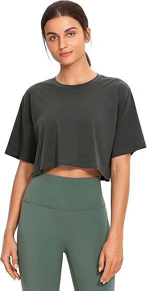 CRZ YOGA Women's Pima Cotton Workout Crop Tops Short Sleeve Yoga Shirts Casual Athletic Running T... | Amazon (US)