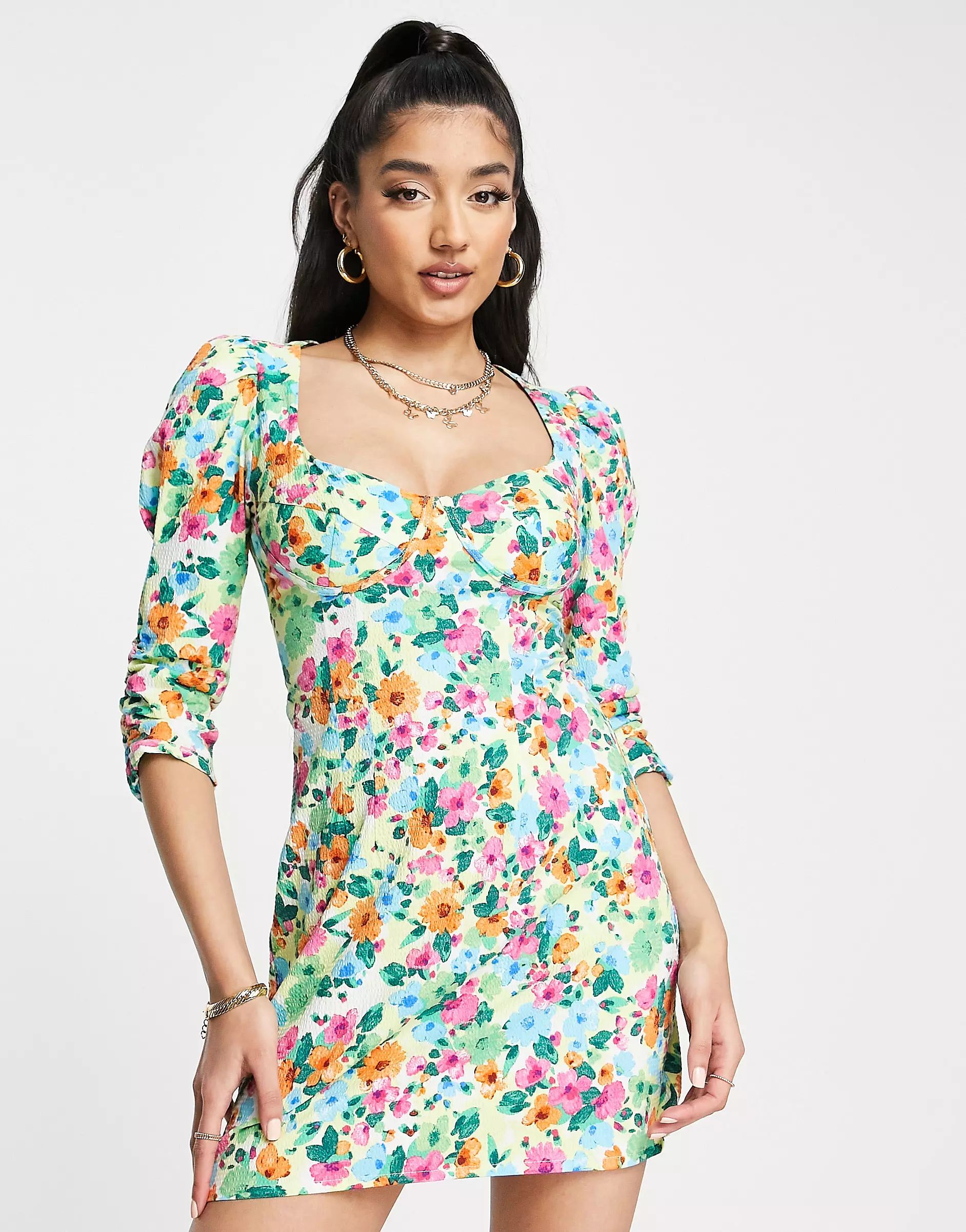 Stradivarius milkmaid mini dress in bright floral print | ASOS (Global)