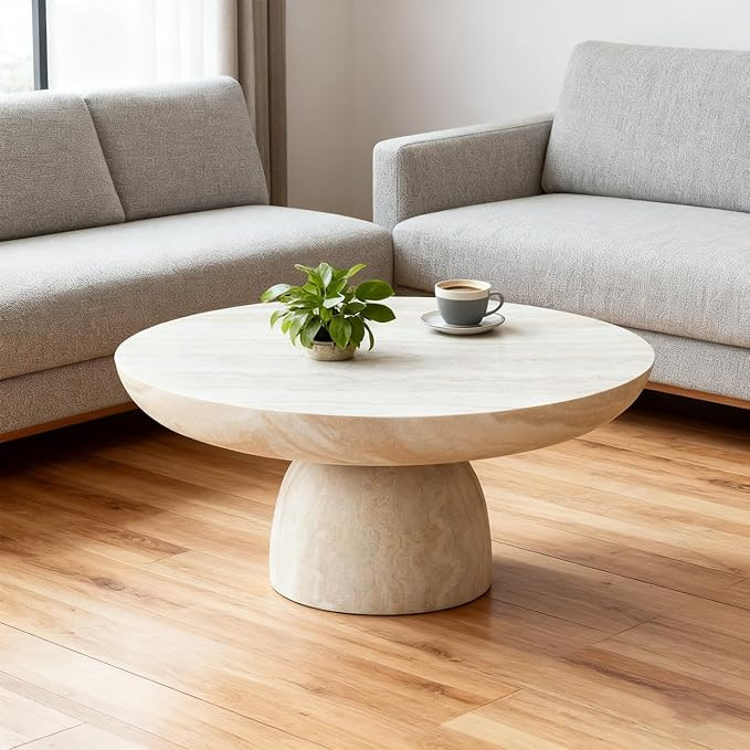 31.5" Modern Faux Marble Coffee Table, Round Stone Coffee Table with Cylindrical Leg, Fiberglass ... | Amazon (US)