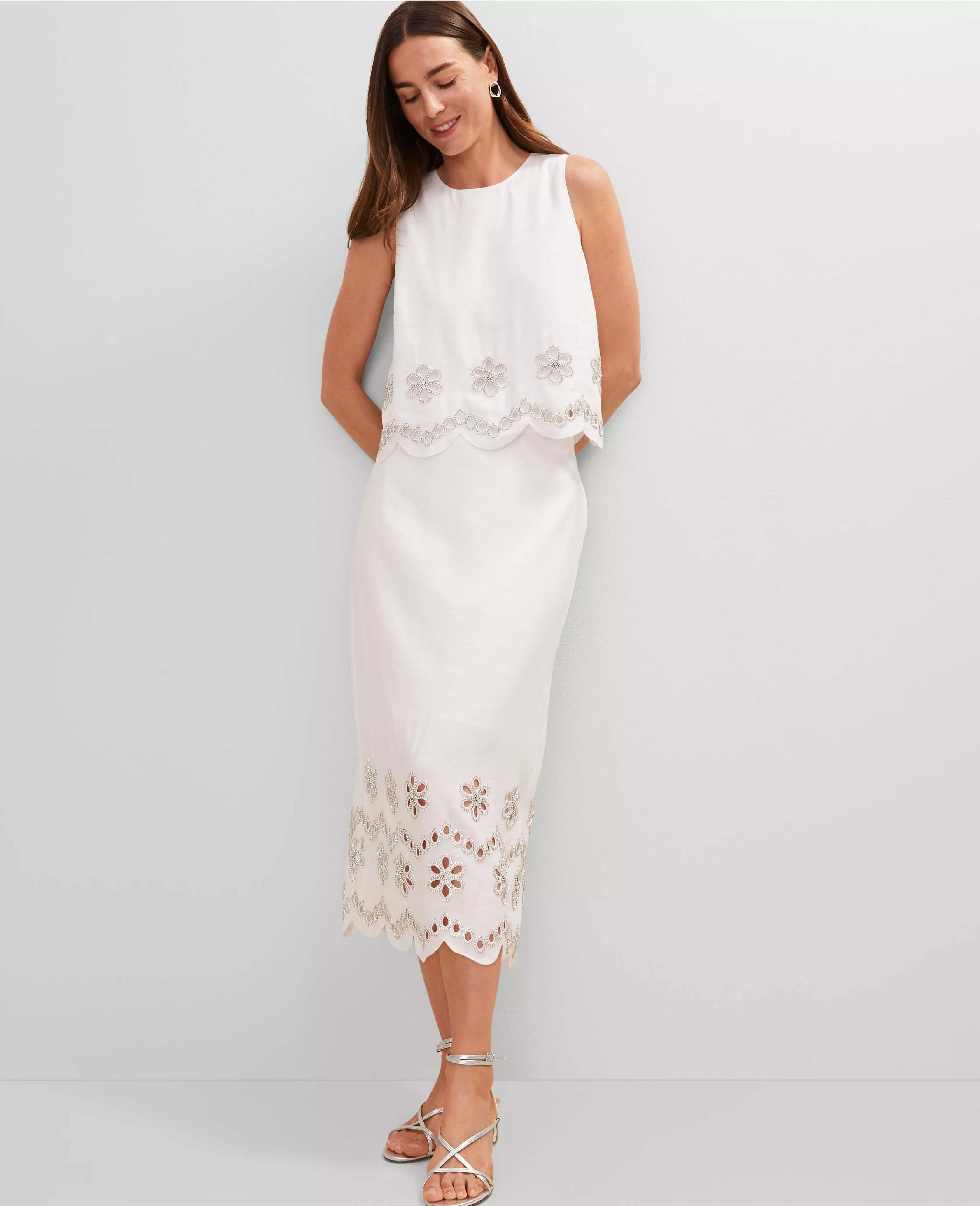 Studio Collection Scalloped Linen Blend Midi Skirt | Ann Taylor