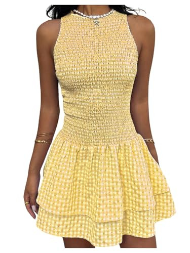 Floerns Women's Gingham Sleeveless Mini Dress Tiered Ruffle Smocked Vacation A Line Dresses | Amazon (US)