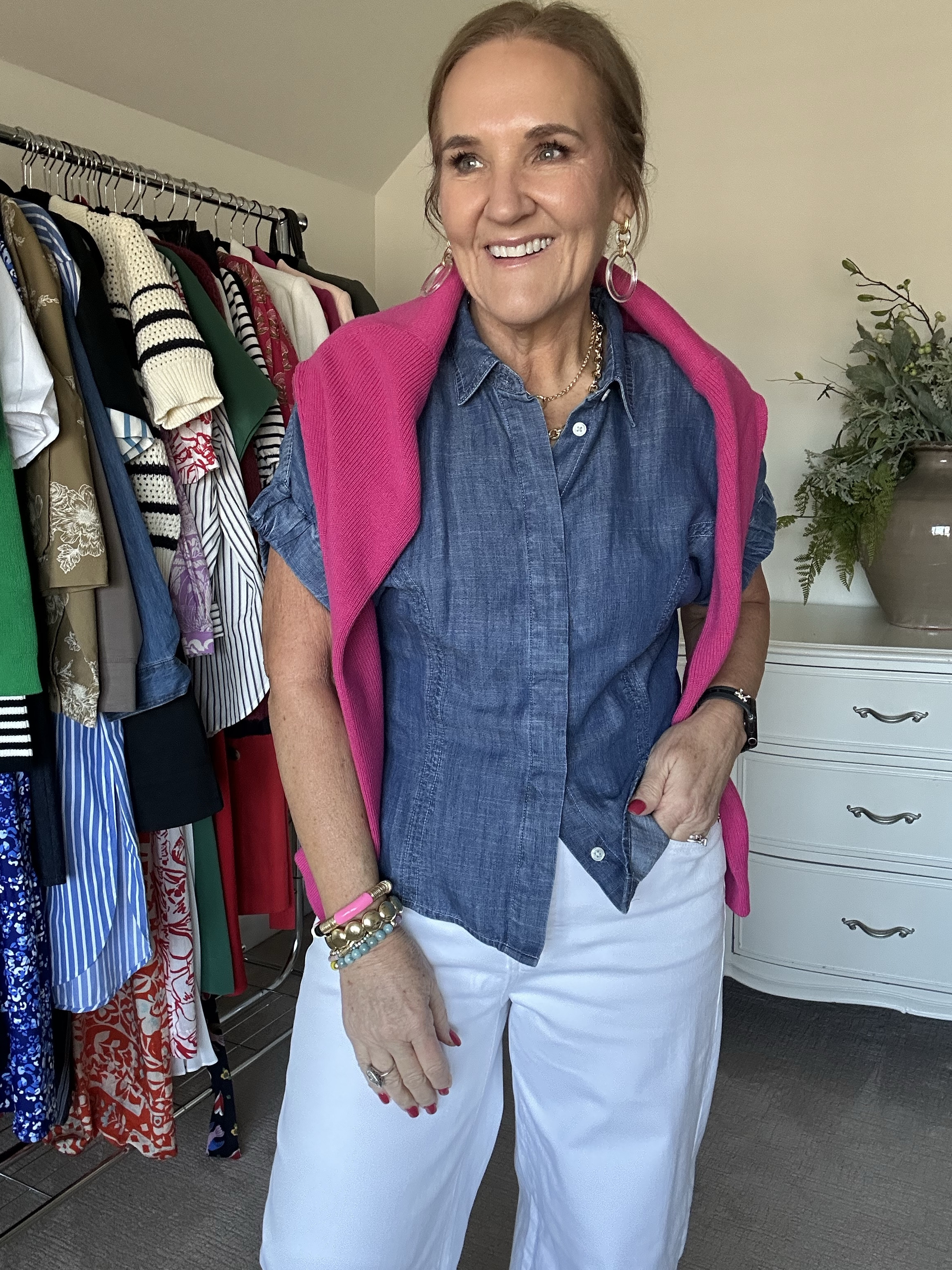 Tencel chambray top size medium size up if thicker in the middle. 
White wide leg jeans super good. Nice stretch. Thicker denim. Not see through. Tts. Wearing a 29 reg 
Pink sweater size medium.
Shoes with caning and leather details are so good. 
Linking similar straw bags! 

Allie Bess 20% off code NANETTE20
15% off Eby bras code nanettefs15
Vacation outfit banana republic factory resort wear spring break 

#LTKFindsUnder100 #LTKSaleAlert #LTKOver40