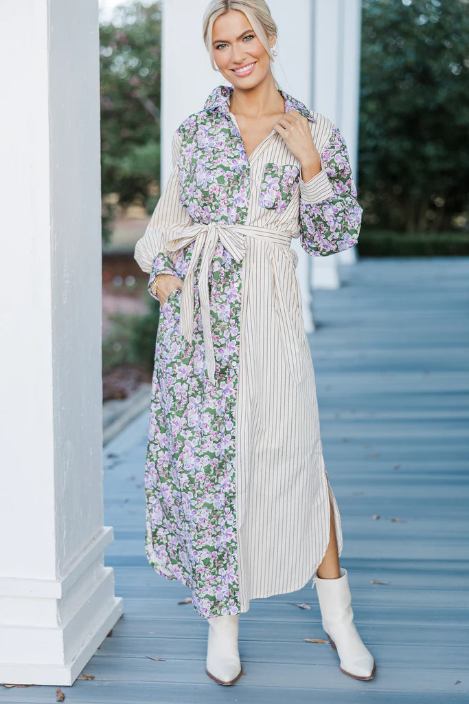 Just A Reminder Olive Green Ditsy Floral Midi Dress | The Mint Julep Boutique