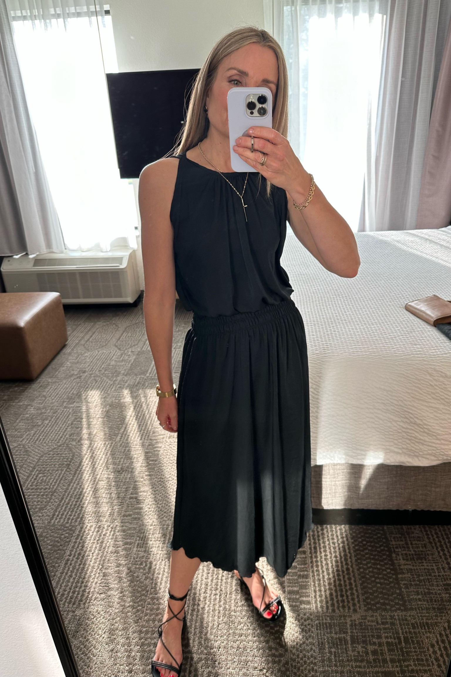 Graduation ootd! SheBird no-bra Black midi dress with black ankle wrap sandals, casual dress, summer dress, satin dress, vacation dress 

#LTKtravel #LTKFind #LTKwedding