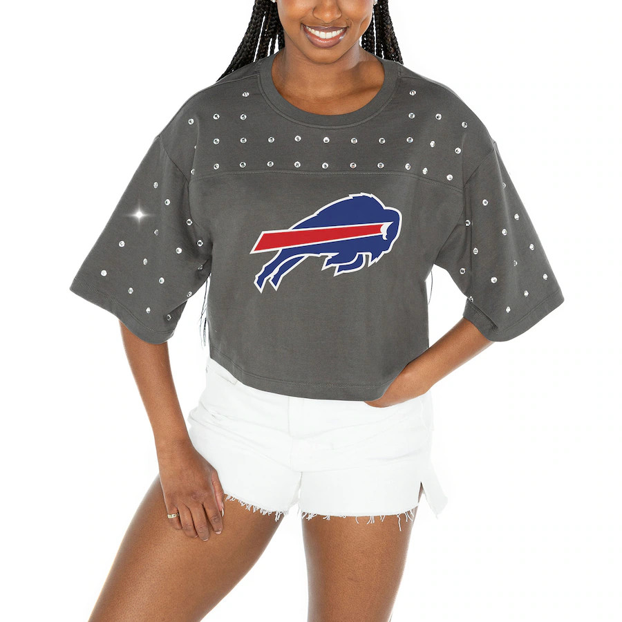 Women's Buffalo Bills Gameday Couture Gray All-Over Rhinestone Cropped Oversized T-Shirt | NFL Shop