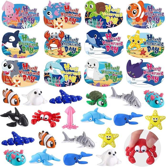 24pcs Valentines Day Gifts 3D Printed Ocean Animals Figurines with Valentine's Cards for Kids Boy... | Amazon (US)