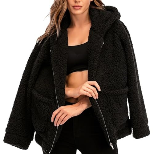Womens Winter Faux Fur Coat Fleece Casual Lapel Hooded Zip Up Long Sleeve Jacket (Black,Xxl) | Amazon (US)