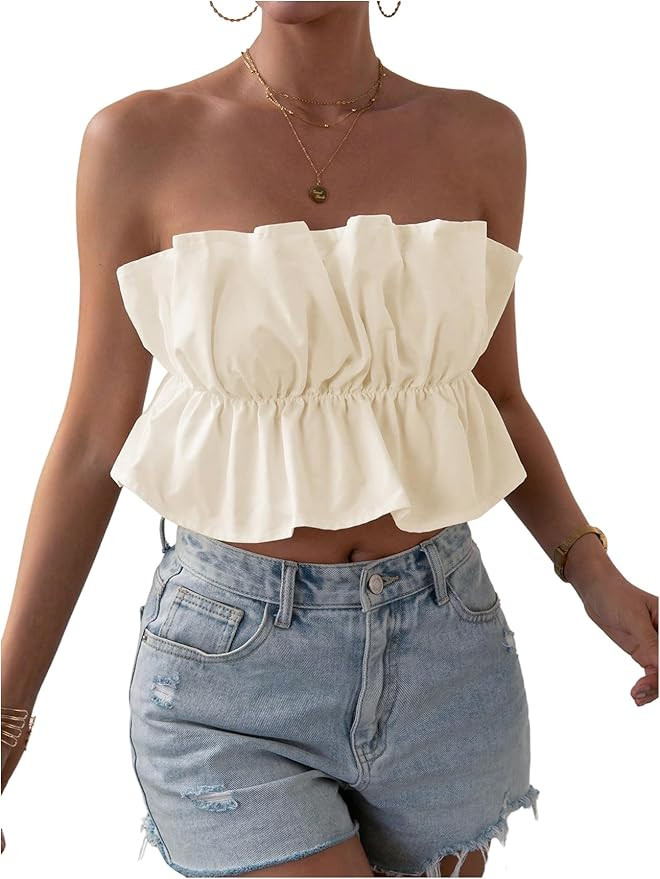 GORGLITTER Women's Strapless Bubble Tube Tops Ruffle Open Back Sleeveless Cute Summer Bandeau Pep... | Amazon (US)