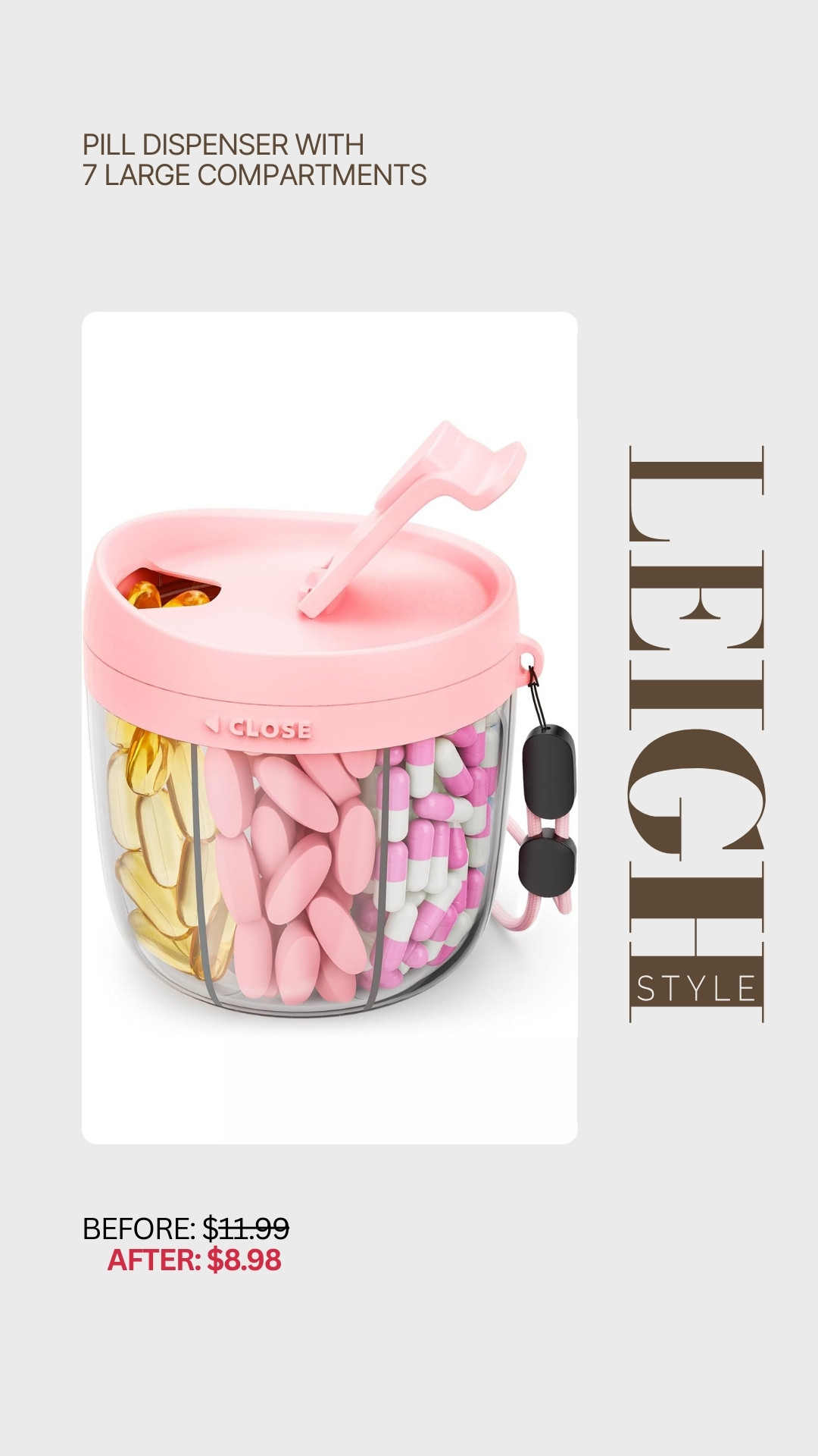 Stay on track with your daily vitamins and medications using this Pill Dispenser with 7 Large Compartments. Featuring a compact, portable design and easy-open lid, it’s perfect for home, work, and travel. 

 #LTKSeasonal #LTKSaleAlert #LTKTravel