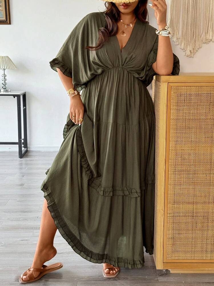 Vionelle Women's Plus Size Army Green Elegant Summer Tea Party Maxi Dress, Ruffle Trim V Neck Sol... | SHEIN