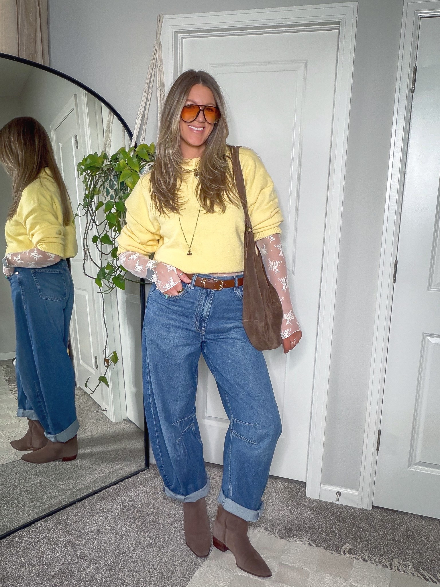 Butter yellow outfit: Large lace top, large sweater, 30 tall jeans, 11 boots 

#LTKOver40 #LTKTall