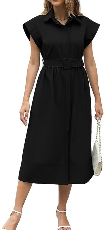 Haellun Women's Elegant Dress Classy Turn Down Collar Shirt Dress with Belt Short Wing Sleeve Tre... | Amazon (US)