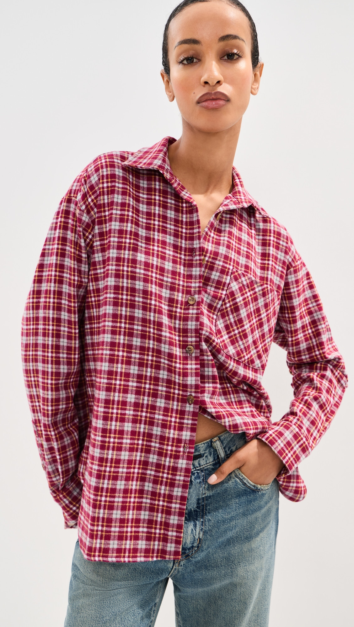 LE BOP Winnie Button Down Flannel Burgundy Plaid XL | Shopbop