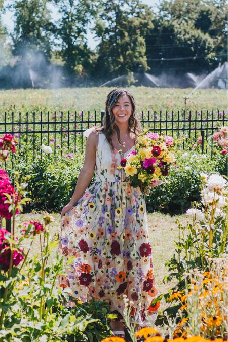 Wearing a size medium in this floral appliqué dress. I’m 5’3” for reference and it fits like a maxi dress