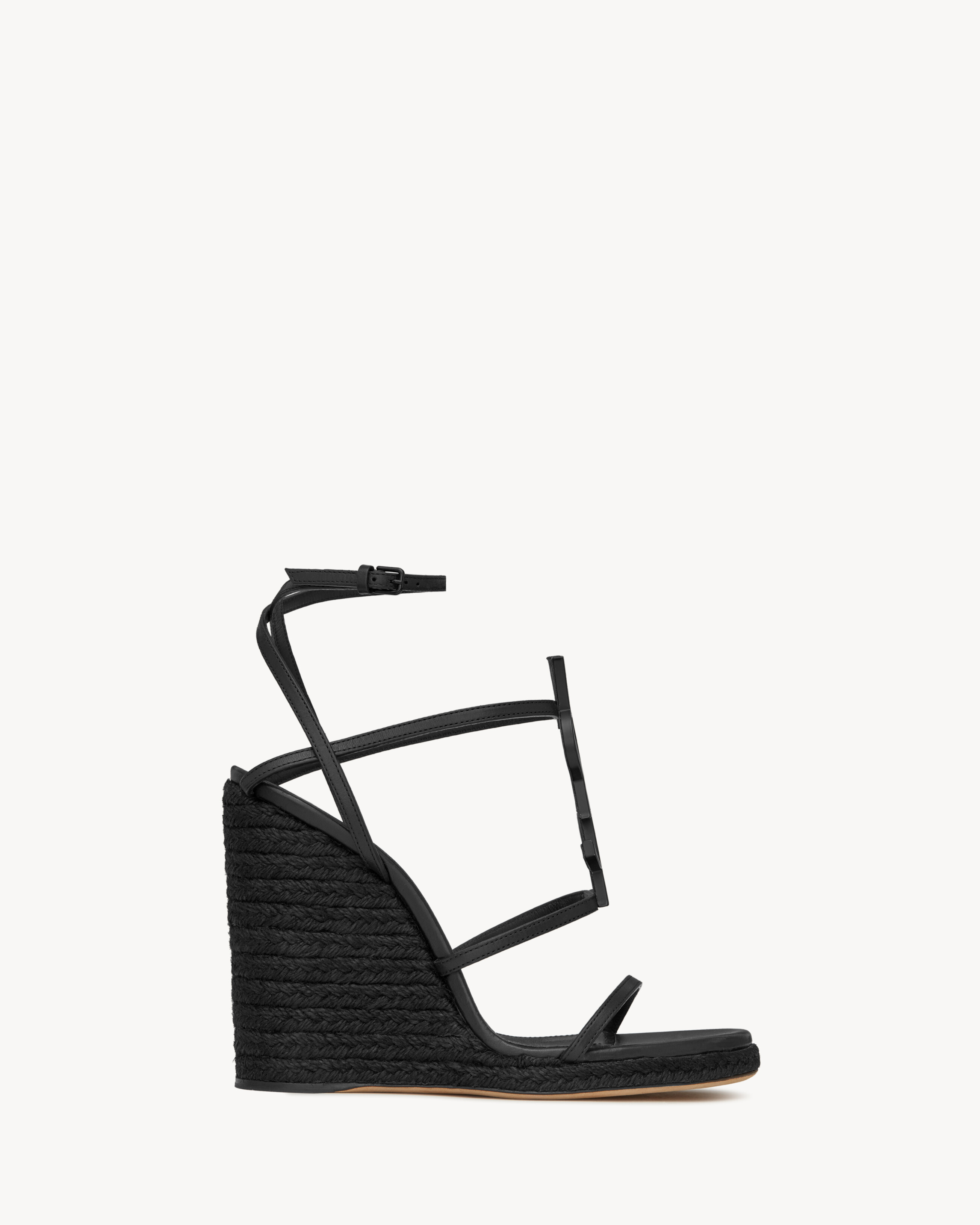 Cassandra Wedge Espadrilles With Black Logo In Leather Black 4 | Saint Laurent Inc. (Global)