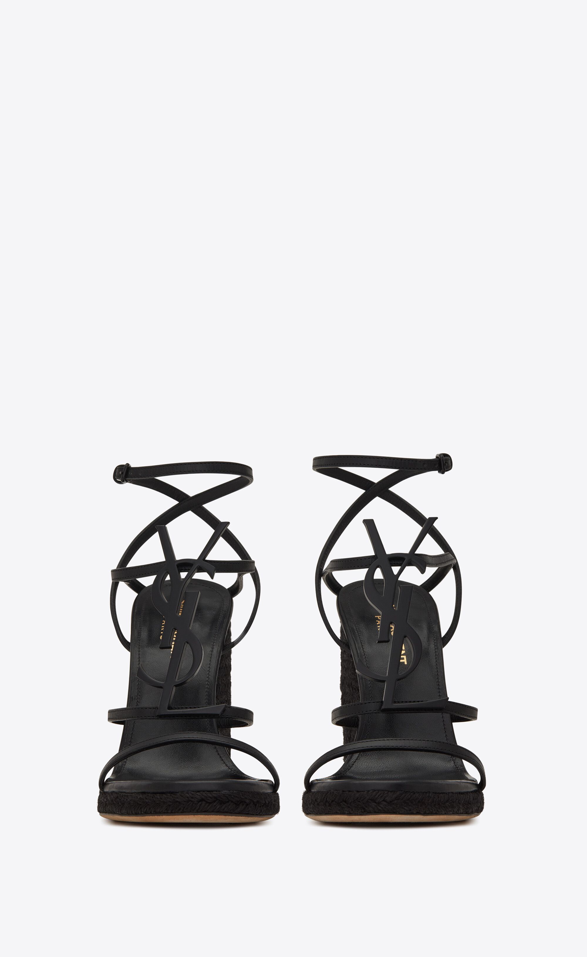 Cassandra Wedge Espadrilles With Black Logo In Leather Black 4 | Saint Laurent Inc. (Global)