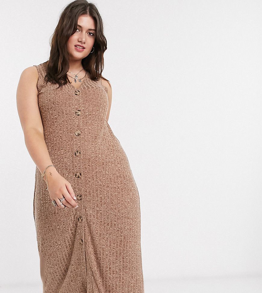 Only Curve ribbed casual midi dress with button through in brown | ASOS (Global)