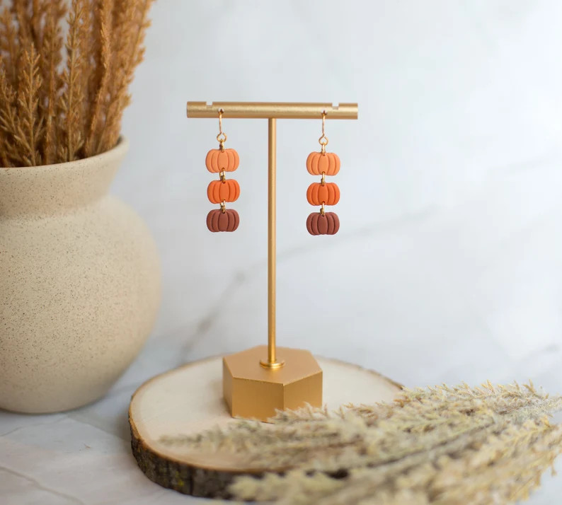 Triple Mini Ombré Pumpkin Fall Earrings, Handmade Polymer Clay Earrings, Dainty Autumn Dangles | Etsy (US)
