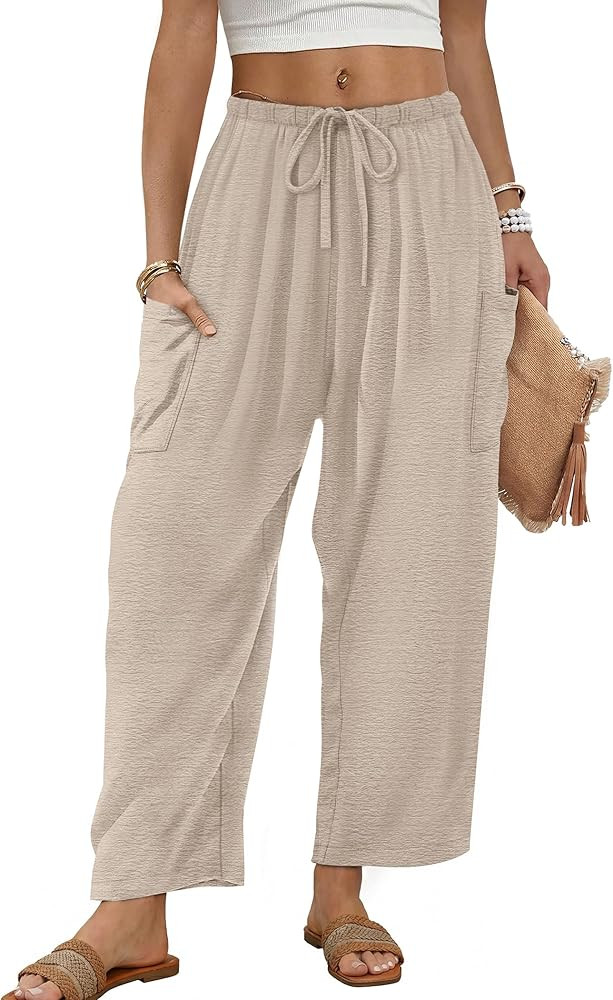 Sampeel Wide Leg Pants for Women Barrel Flowy Palazzo Elastic Waist Trousers with Pockets Summer ... | Amazon (US)